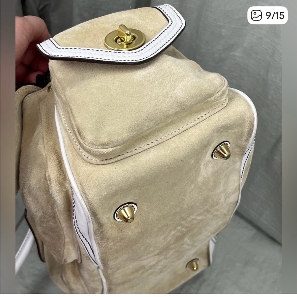 Vintage Coach Beige Suede and White Leather Handbag with Gold Accents - Picture 7 of 9